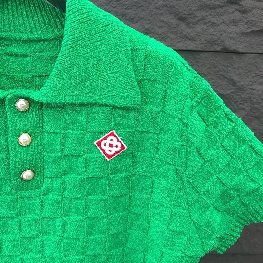 White Textured Knit Polo with Diamond Logo - 7