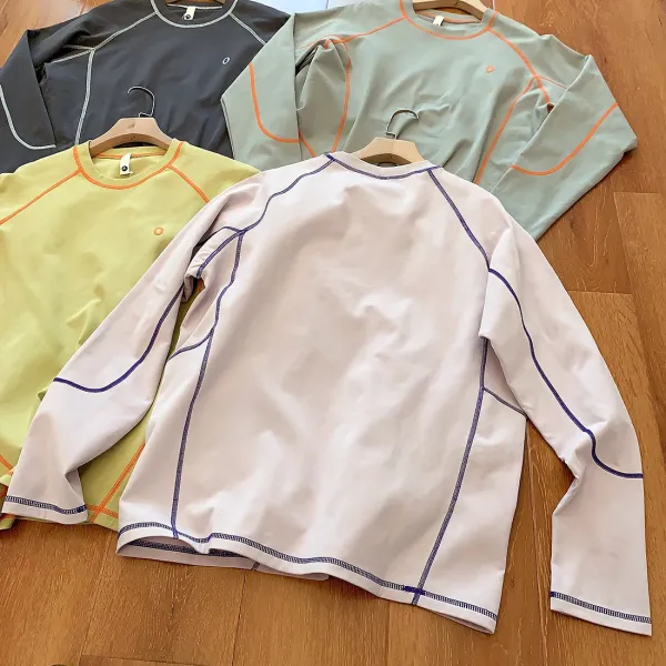 Design Contrast Stitch Long-Sleeve Base Layer Top in White with Blue Piping - 31