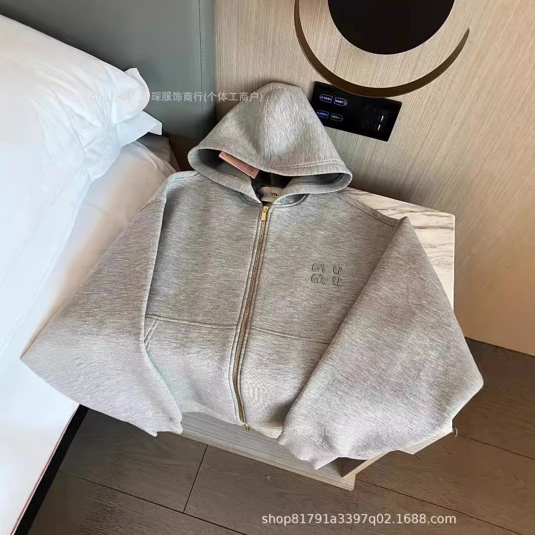 Miu Miu Gray Embroidered Letter Fleece-Lined Hooded Sweatshirt Jacket
