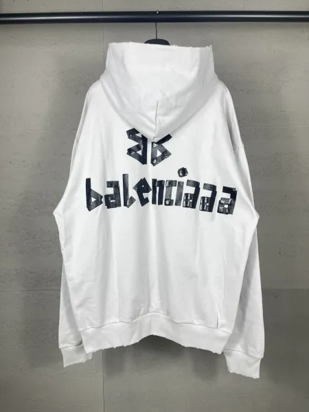 Balenciaga Logo Distressed Hoodie White - 11