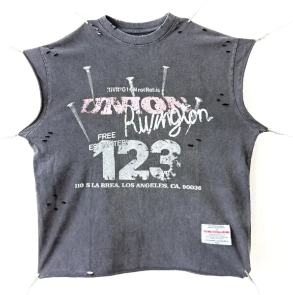 Design Rivington Union Distressed Sleeveless T-Shirt Gray T-Shirts - 1