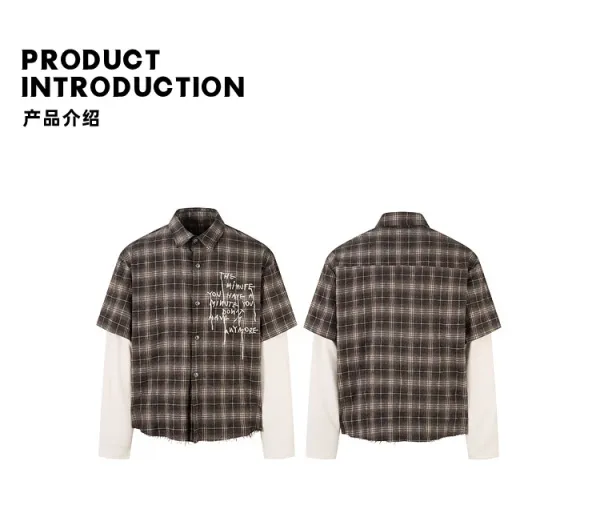 Design Layered Plaid Shirt with Graffiti Print Brown Multicolor Shirt Tops Shirt - 2