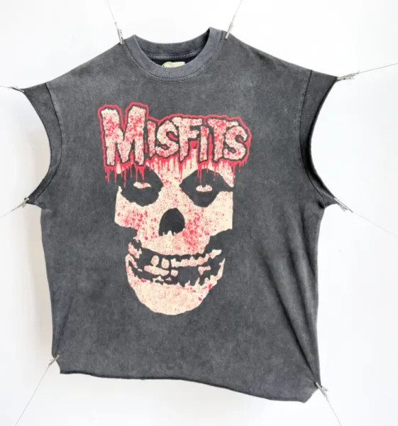 Design Misfits Skull Logo Cut-Off Sleeve T-Shirt Gray T-Shirts - 1