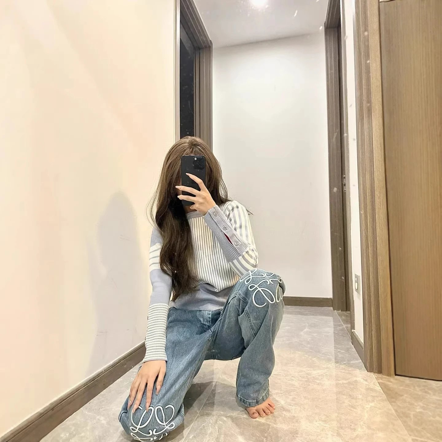 Loewe Jeans Blue Embroidered Logo Wide Leg Denim
