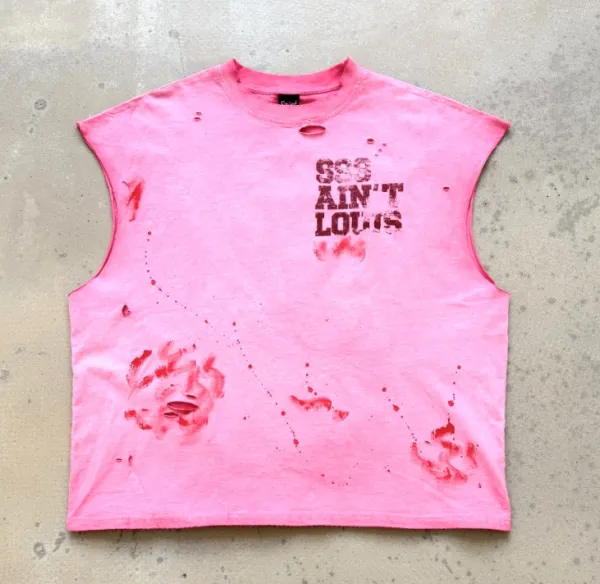Design Distressed Sleeveless Tee Pink with Blood-Splatter Graphic T-Shirts - 1