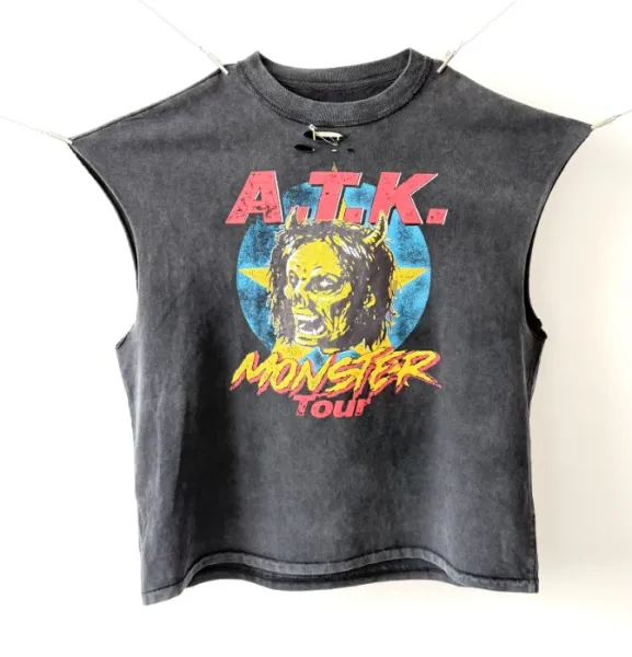 Design A.T.K. Monster Tour Sleeveless Crop Top Black Vest Top - 1
