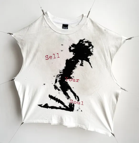 Saint Tears Saint 'Sell Your Soul' Distressed Crop T-Shirt White T-Shirts - 1