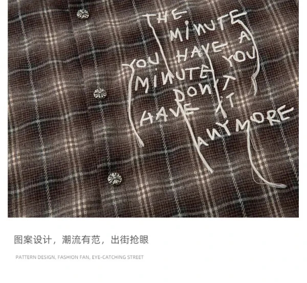 Design Layered Plaid Shirt with Graffiti Print Brown Multicolor Shirt Tops Shirt - 11