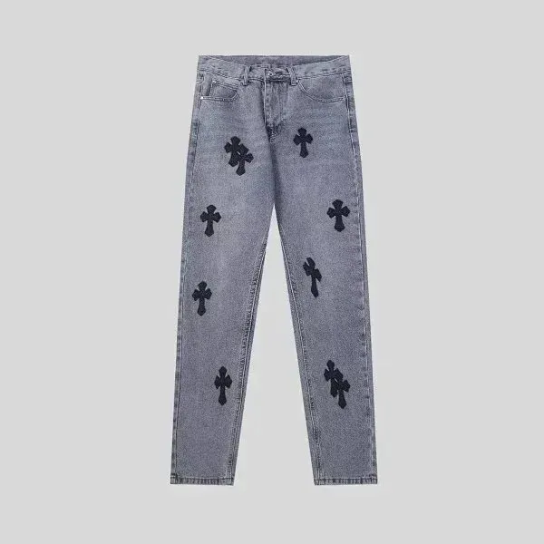Chrome Hearts Cross-Embroidered Distressed Gray Jeans - 1