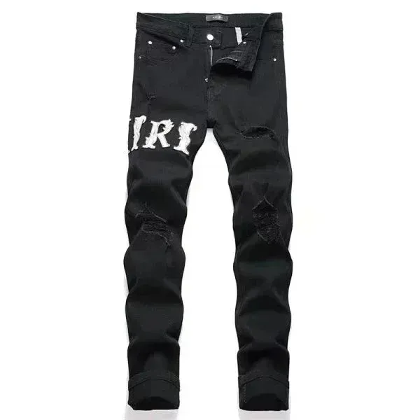Off-White Distressed Black Jeans with Industrial Print - 1