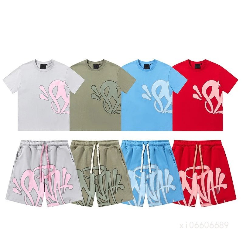 American Streetwear SYNA WORLD Short Sleeve Set for Men and Women Drill Style High Street Hip Hop INS Summer Casual Shorts