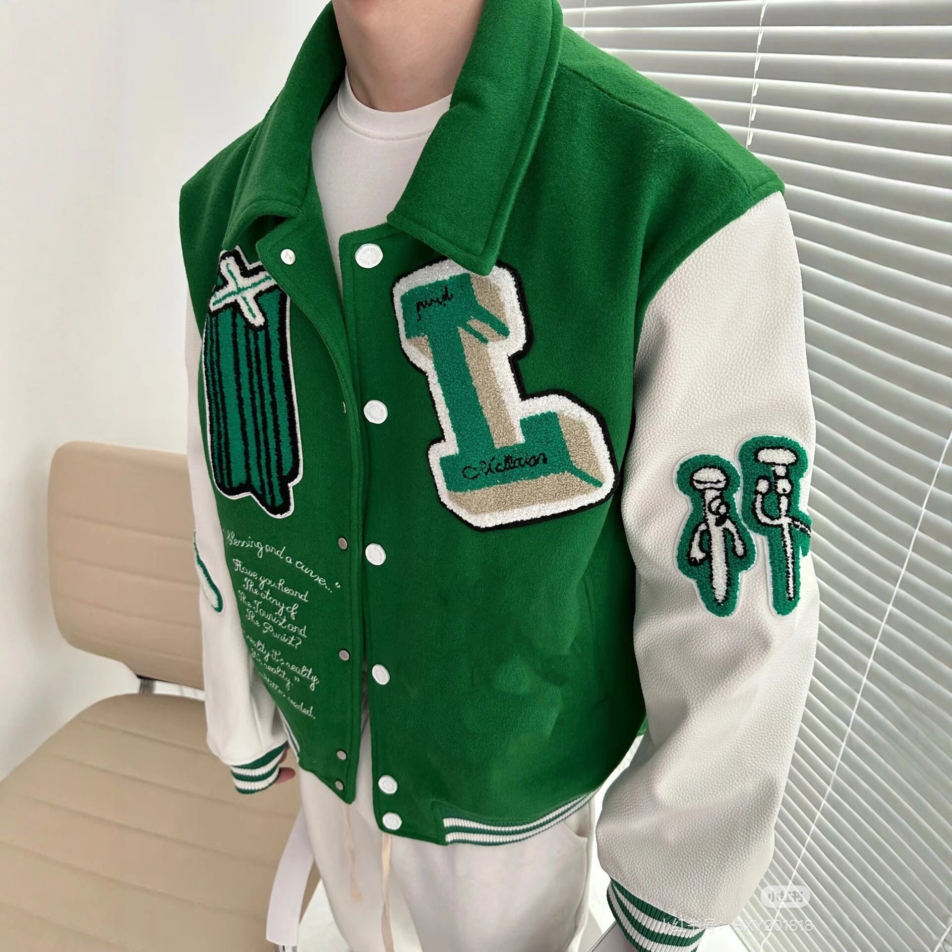 Green Patchwork Embroidered Baseball Jacket Men's Loose Korean Style Trendy Outerwear Letter Pattern Couple's Jacket