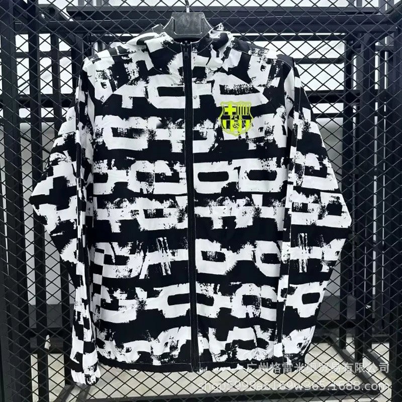 Adidas Jackets Zip-up football training jacket — 26 Barcelona black and white with hat R Waterproof windbreaker