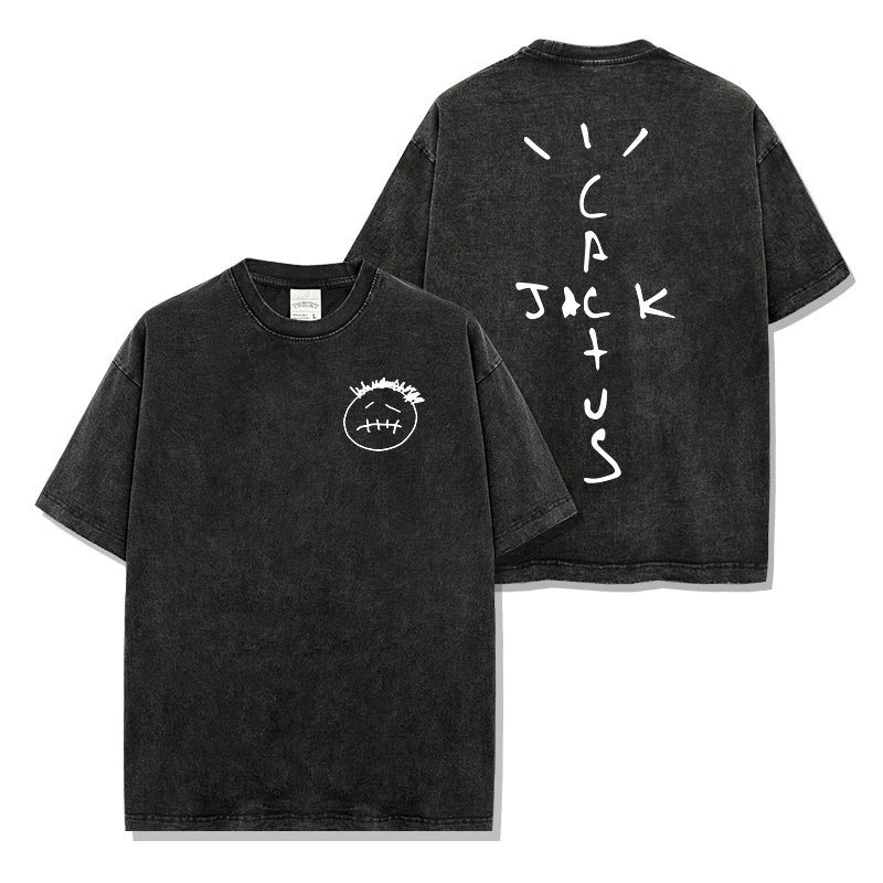 Cross-border American hip-hop Travis Scott print washed short-sleeve t-shirt loose round neck hooded sweatshirt wholesale