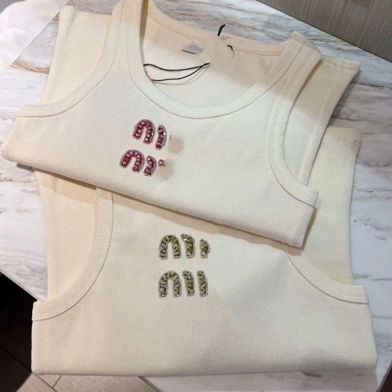 Miu Miu Crystal-Embellished Ribbed Tank Top T-Shirt