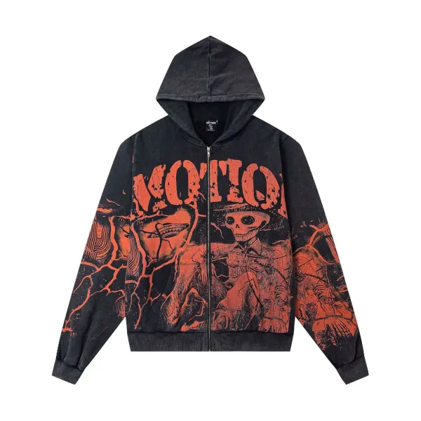 MOTiON x Unknown Artist Distressed Graphic Zip-Up Hoodie Black/Orange - 1