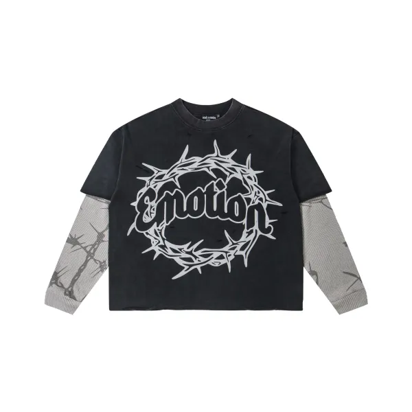 Mixed Emotion Thorn Crown Graphic Long-Sleeve T-Shirt Black - 1