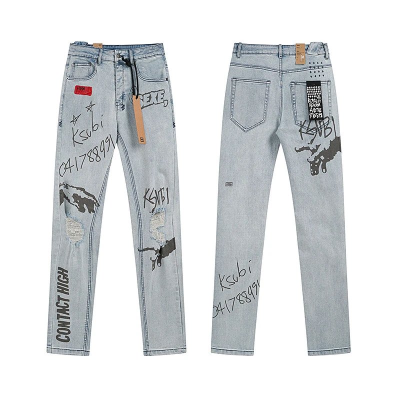 Ksubi Denim Jeans Blue Black Lightwash Distressed Graphic Streetwear