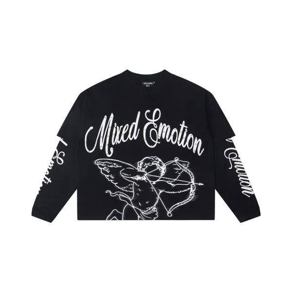 Mixed Emotion Cupid Graphic Cropped Long-Sleeve T-Shirt Black - 1