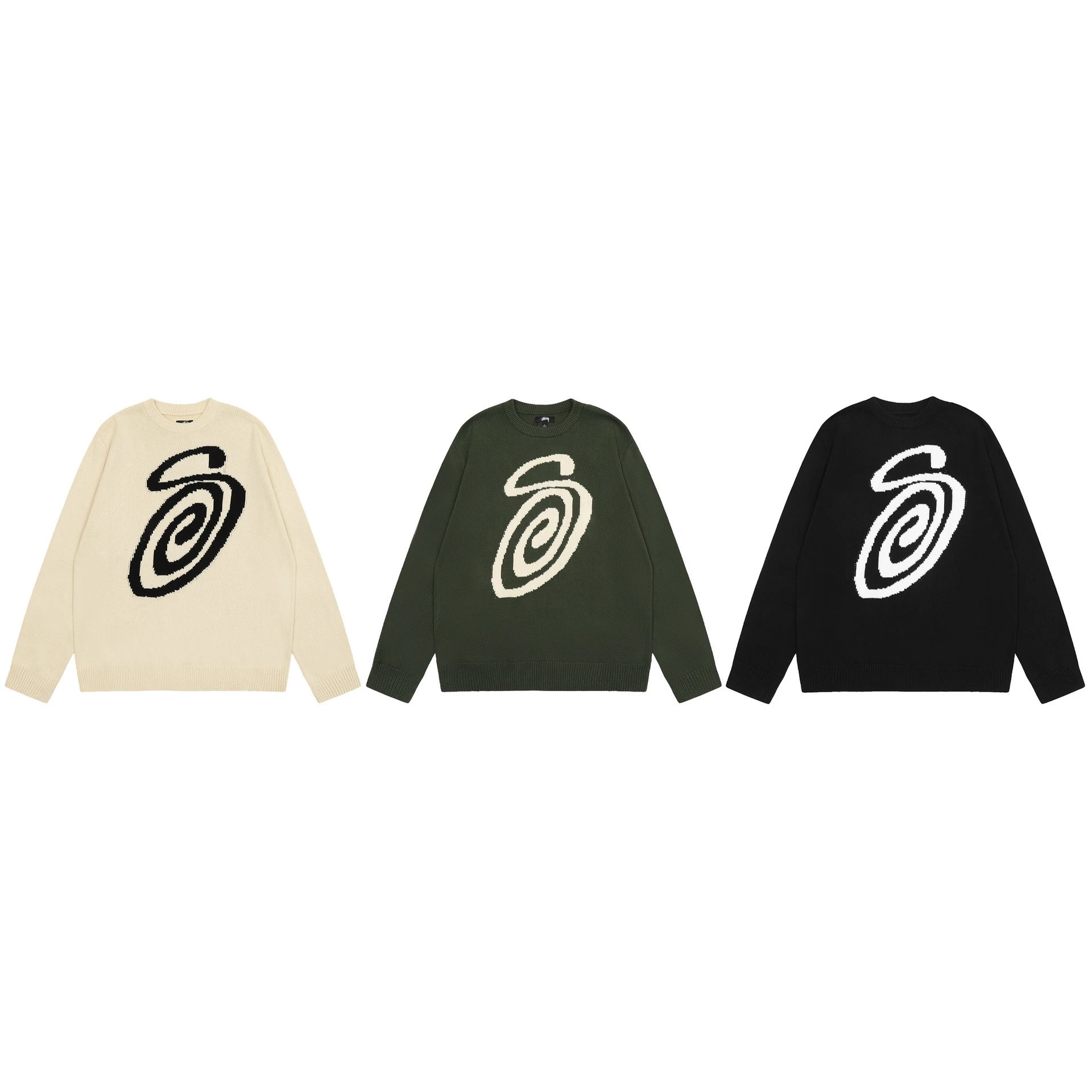 Stussy Spiral Knit Sweater in Beige, Green, and Black