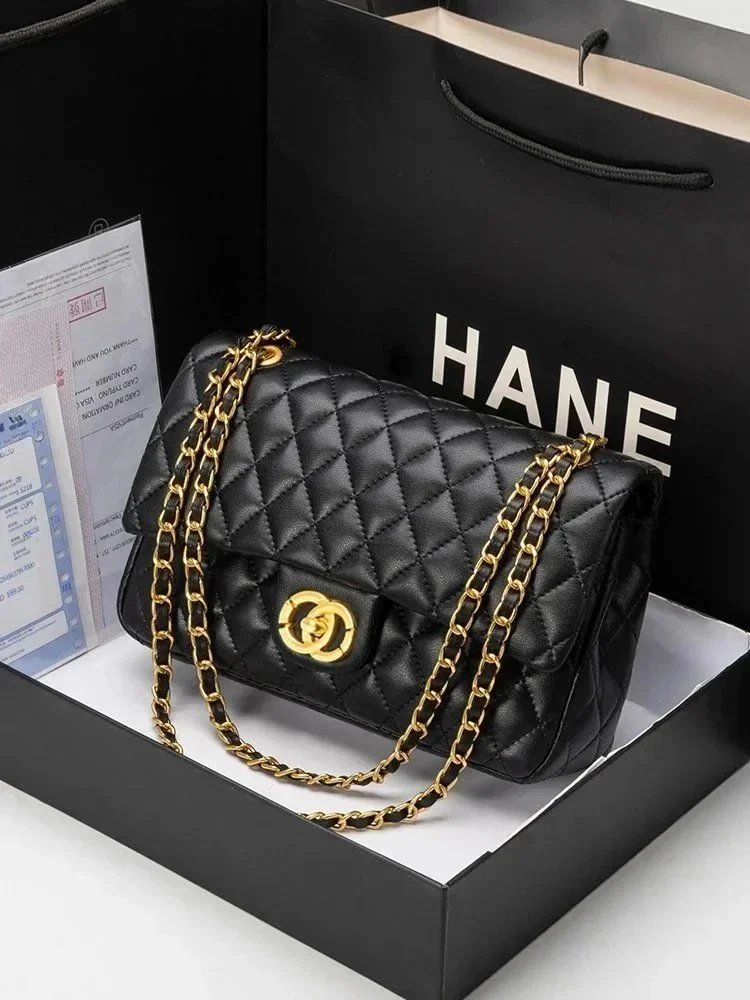 Chanel Shoulder Bags Classic Flap Quilted Chain Bag — Black Gold Double-Ring 25
