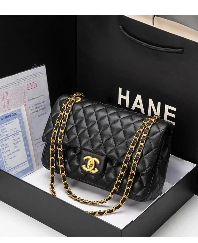 Chanel Shoulder Bags Classic Flap Quilted Chain Bag — Black Gold G Lock 25