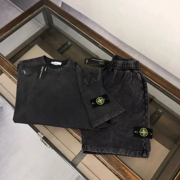 Stone Island Washed Black T-Shirt and Denim Shorts Set - 1