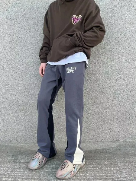 Gallery Dept. Logo Sweatpants Gray/Black/White + Brown Hoodie + Yeezy Foam Runner Multicolor Sneakers - 1