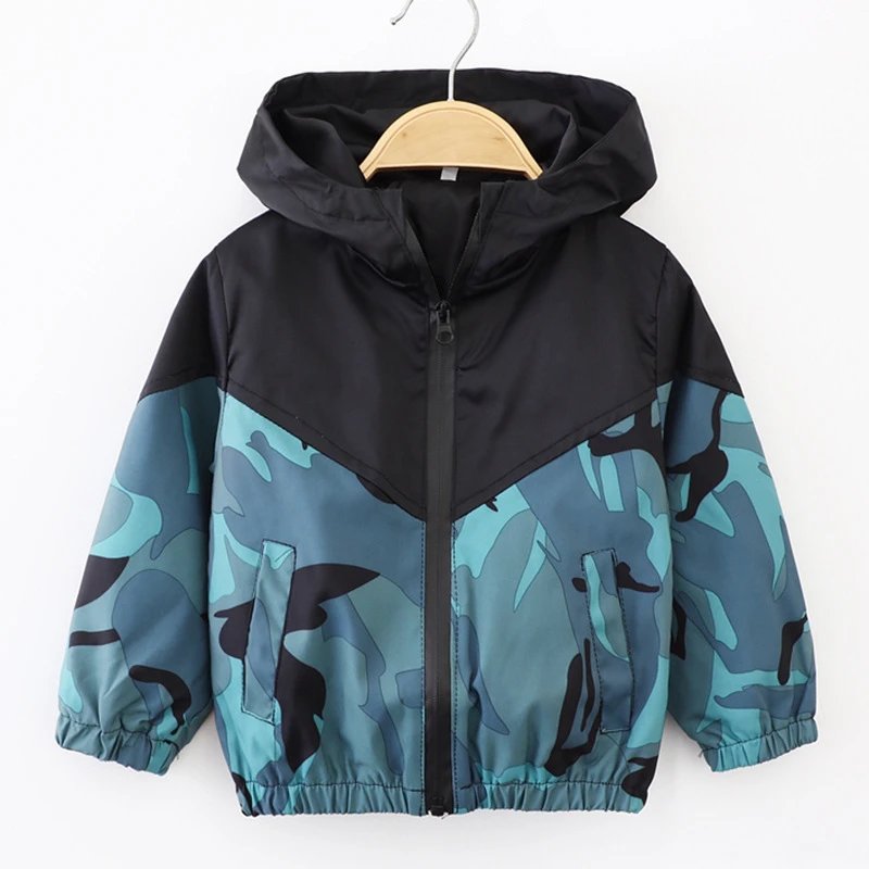 Kids Blue Camouflage and Black Colorblock Hooded Windbreaker Jacket