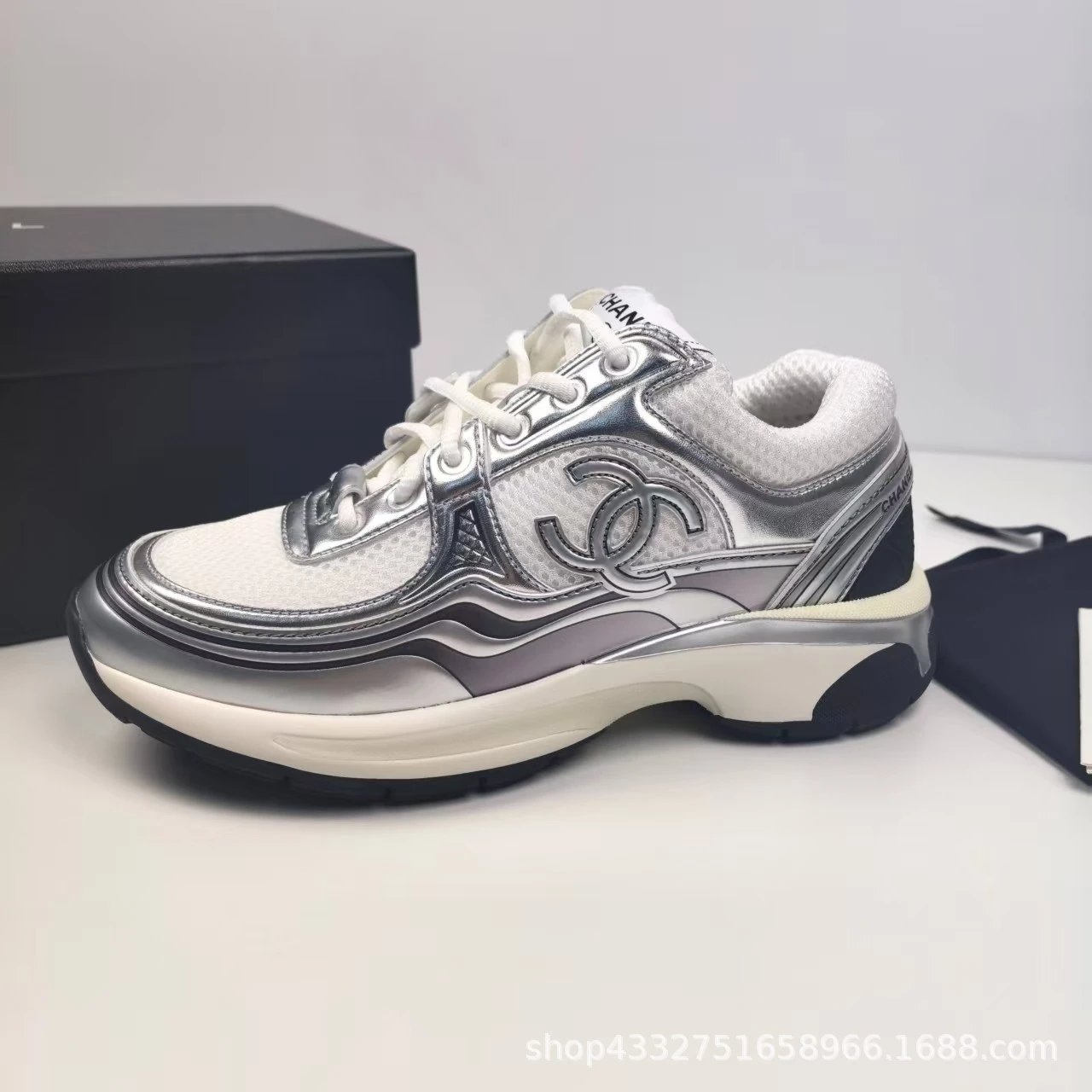 Chanel Silver and White Mesh Chunky Platform Sneaker with CC Logo