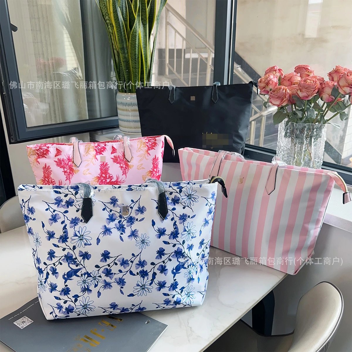 Floral Print Nylon Tote Bag with Leather Handles