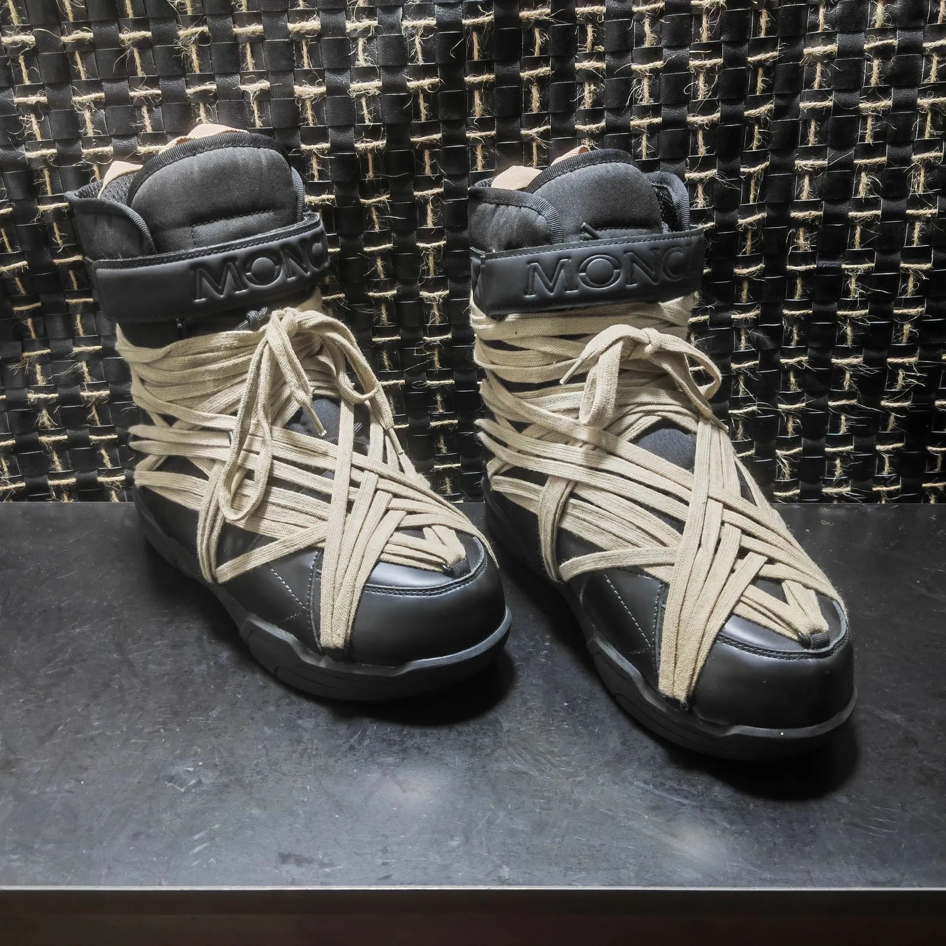 Moncler Black Leather Snow Boots With Extra Long Wrap Laces
