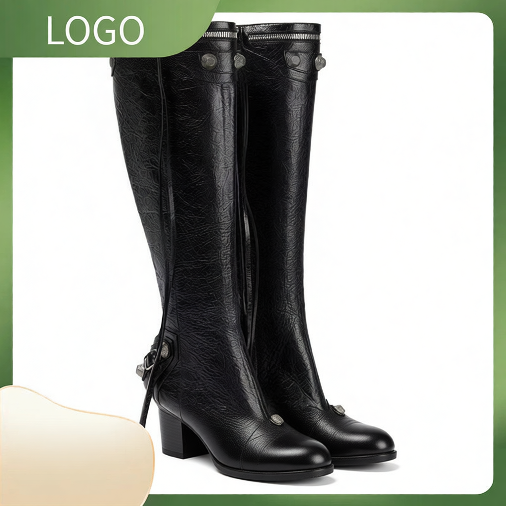 Pointed Toe Knee-High Stiletto Boots with Metal Studs and Buckles