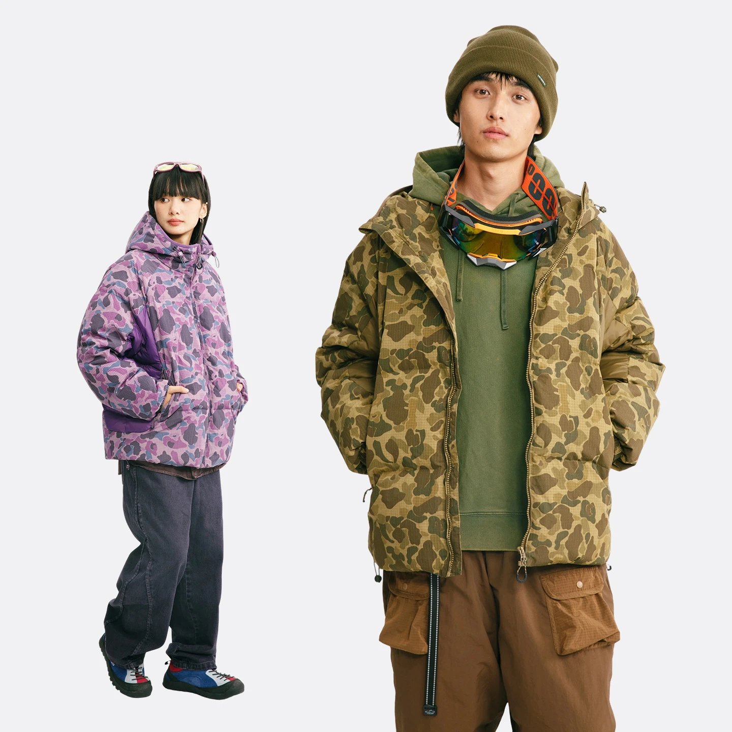 Unisex Camouflage Print Hooded Puffer Jacket with Drawcord Hem