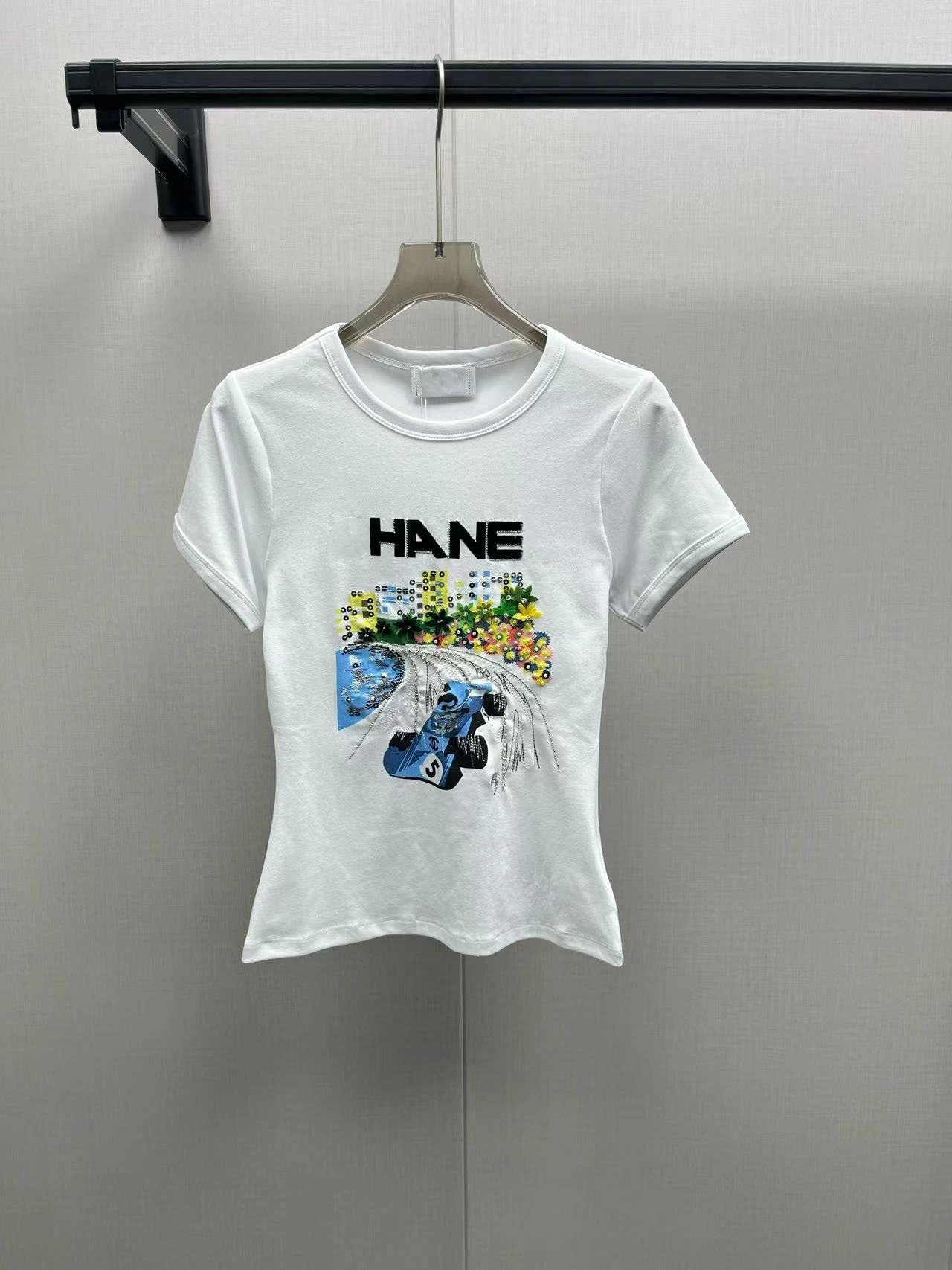 HANE White Short Sleeve T-Shirt with Blue Race Car Graphic Print