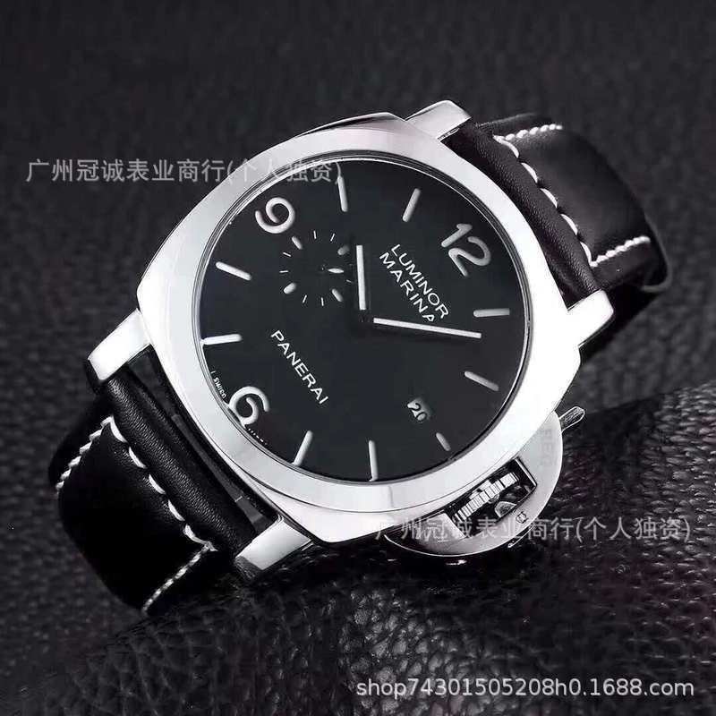 Panerai Luminor Marina Steel Case Black Dial Leather Strap Watch