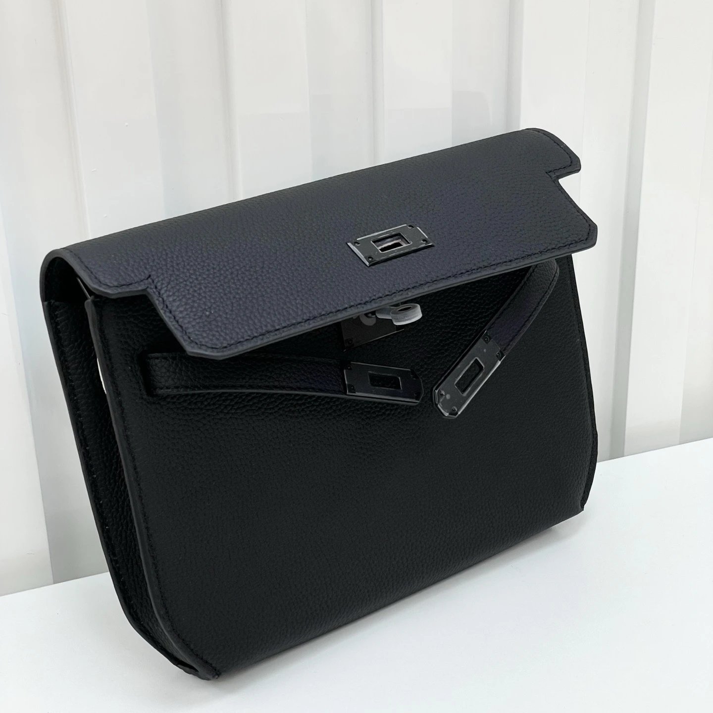 Black Pebbled Leather Envelope Clutch Bag with Silver Turn-Lock Hardware
