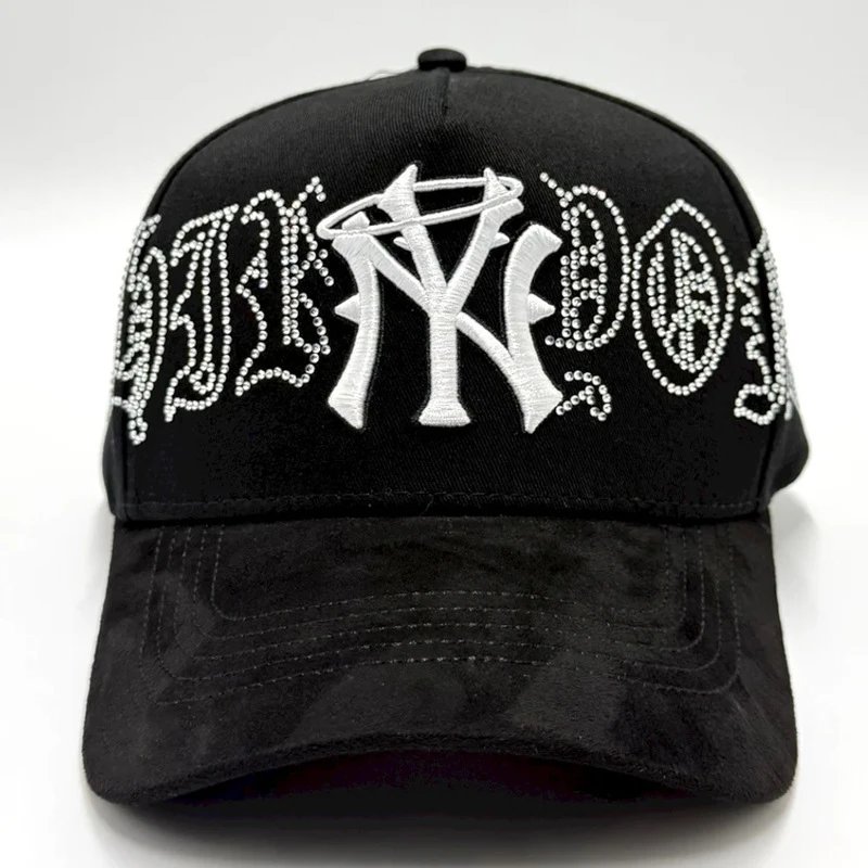 Black Baseball Cap with Rhinestone Embroidery and Distressed Details