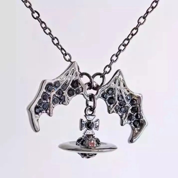 Gunmetal Bat Wing Pendant Necklace with Black Crystal Orb Charm