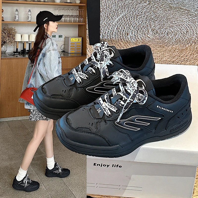 Belamcoada Chunky Platform Leather Sneakers with Patterned Laces