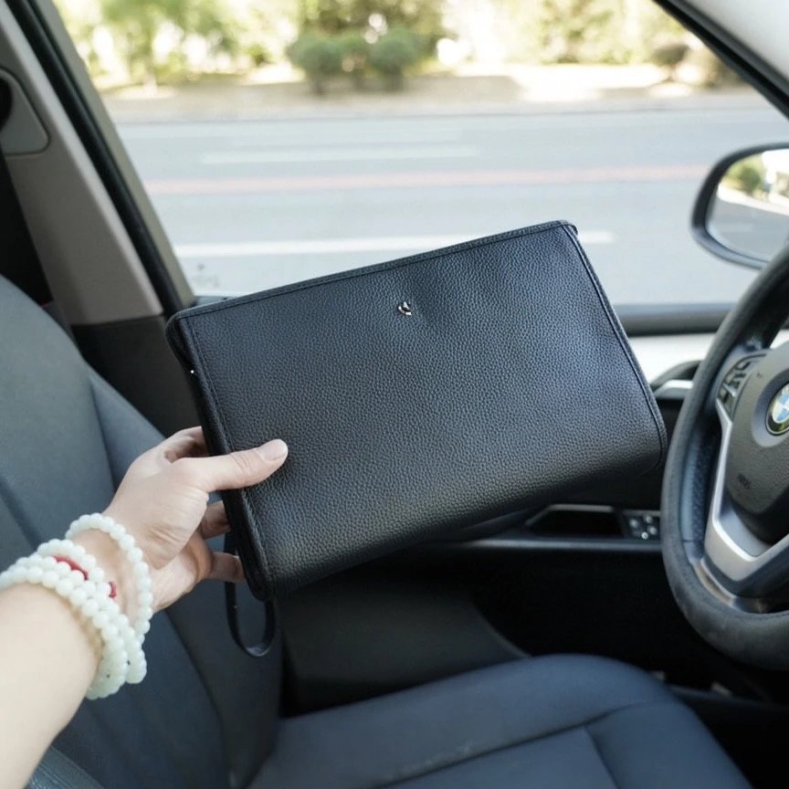 Black Pebbled Leather Document Holder Clutch Bag