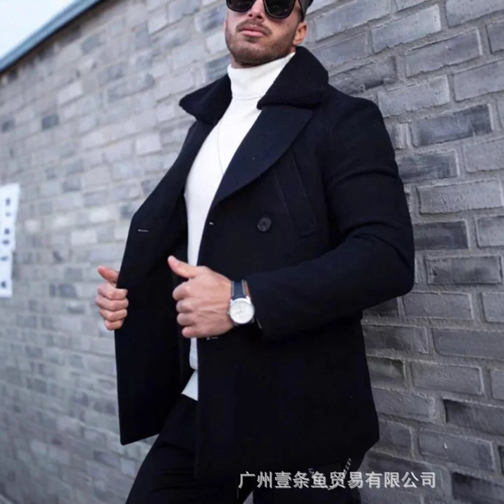 Men's Double-Breasted Pea Coat with Contrast Fleece Collar