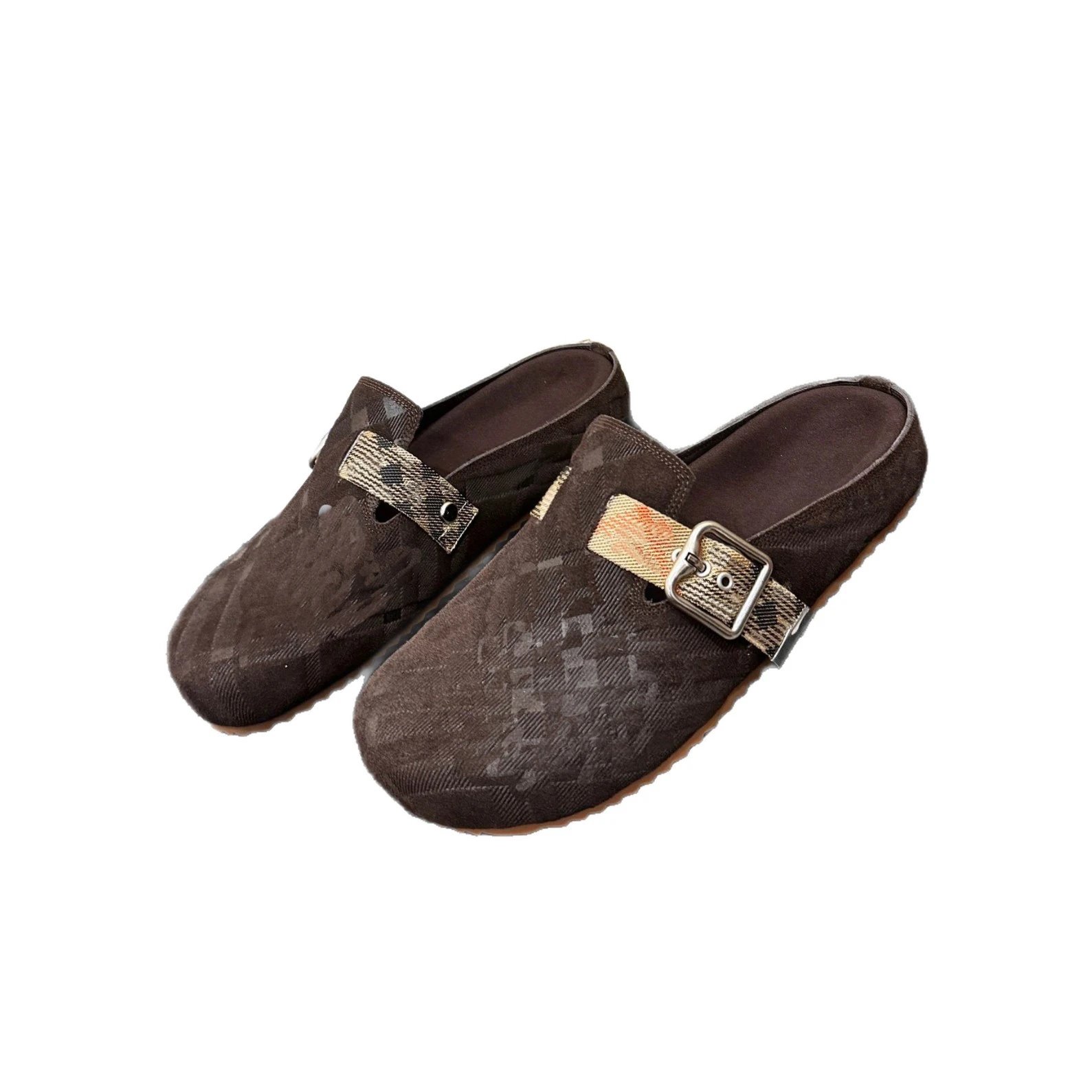 Suede Slip-On Clog Mules with Plaid Buckle Strap