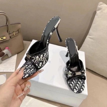 Dior J'Adior Oblique Monogram Square Toe Mule Heels with Chain Strap