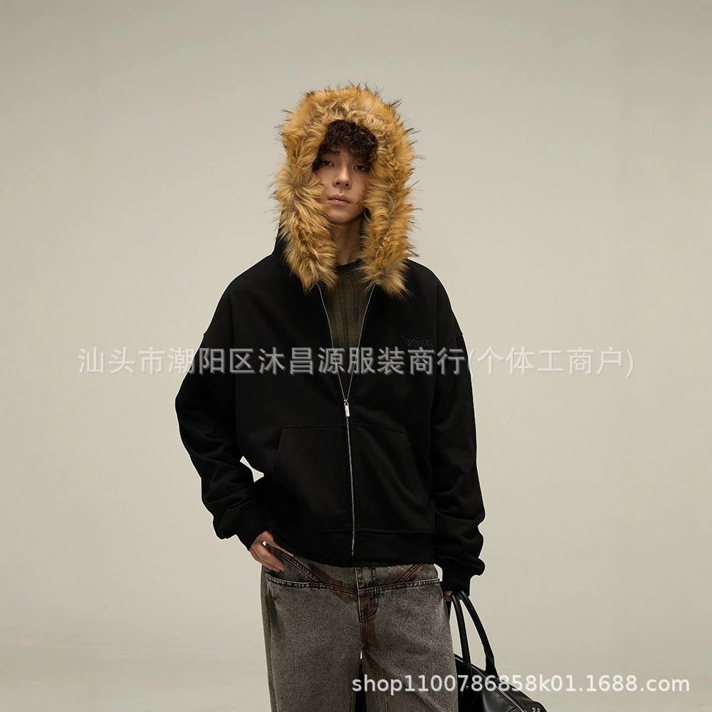 Men's Zip-Up Hoodie With Faux Fur Trimmed Hood