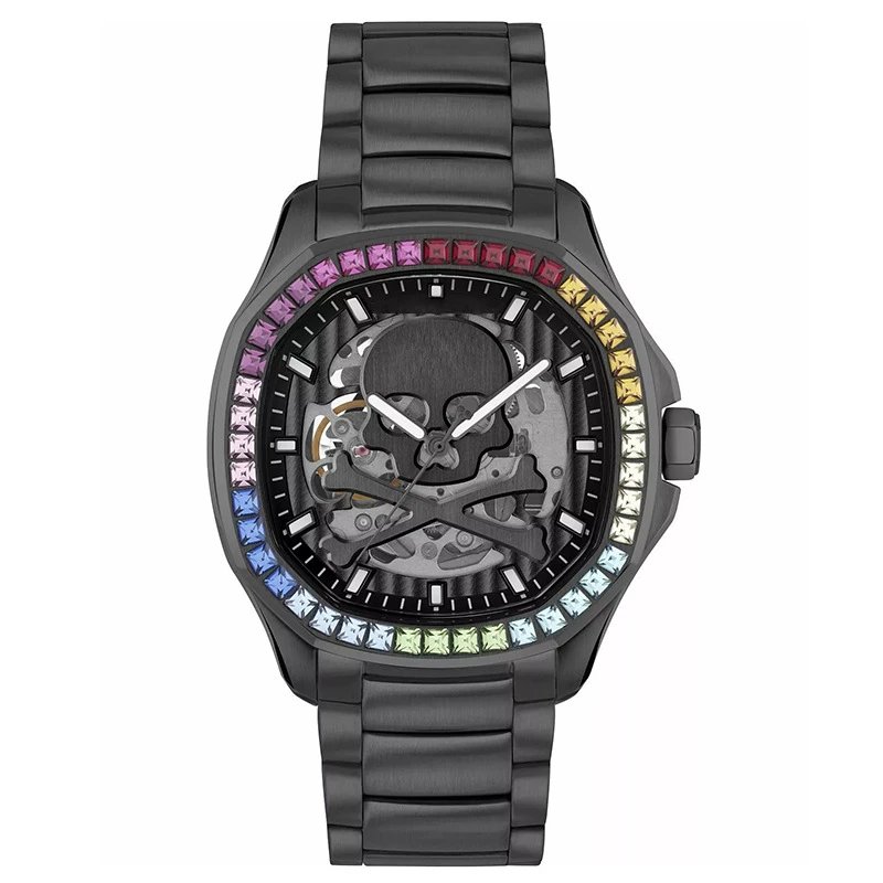 Black Automatic Skeleton Watch with Skull Dial and Rainbow Crystal Bezel