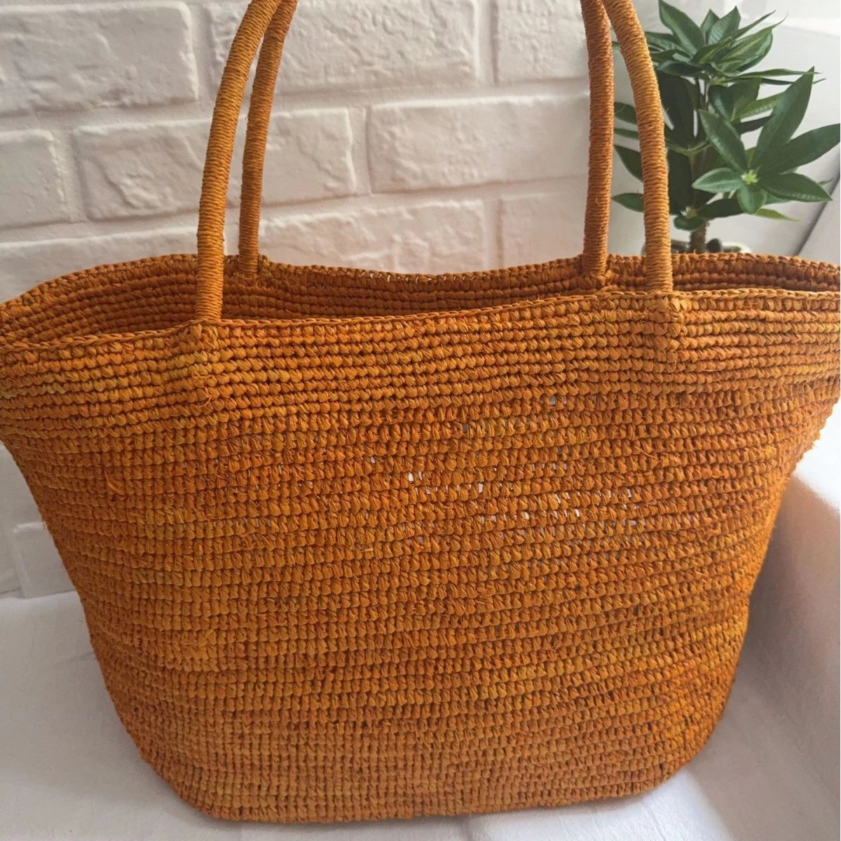 Handmade Woven Straw Beach Tote Bag with Double Handles