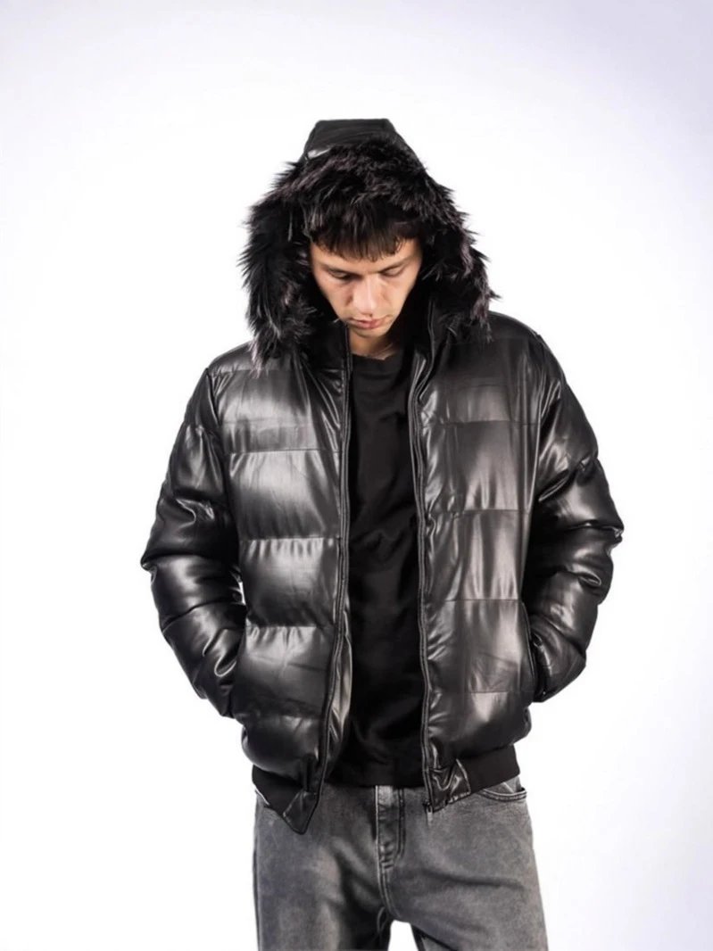 Black Faux Leather Puffer Jacket with Detachable Fur Hood
