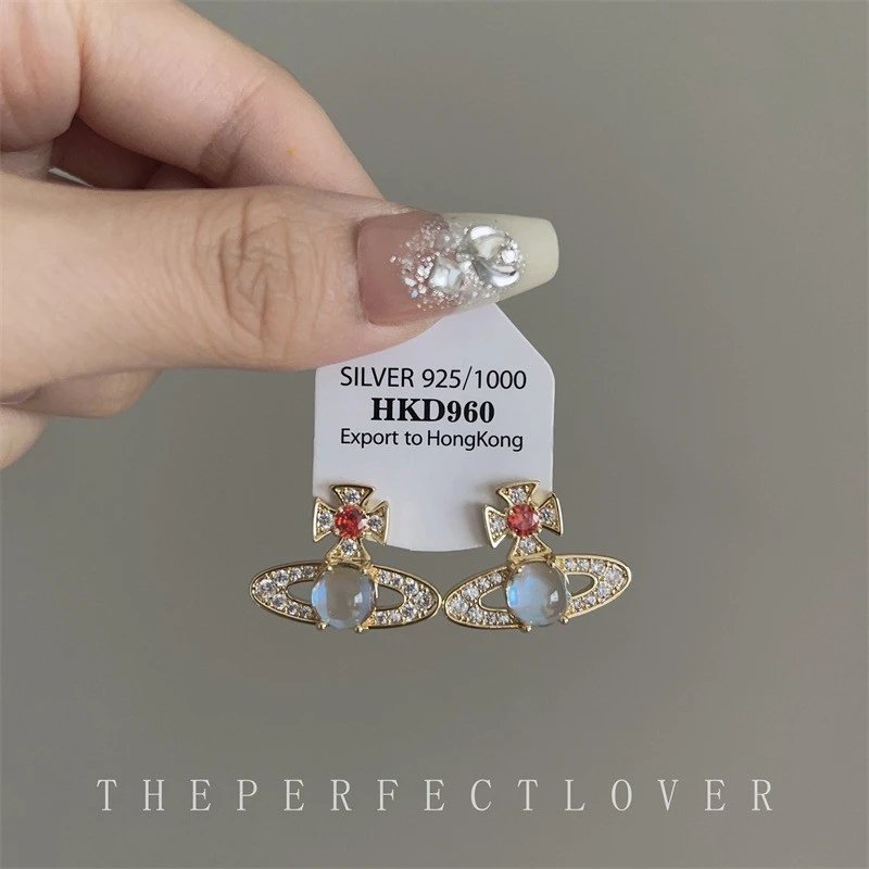 Vivienne Westwood Orb Cross Earrings Silver Blue Moonstone Jewelry