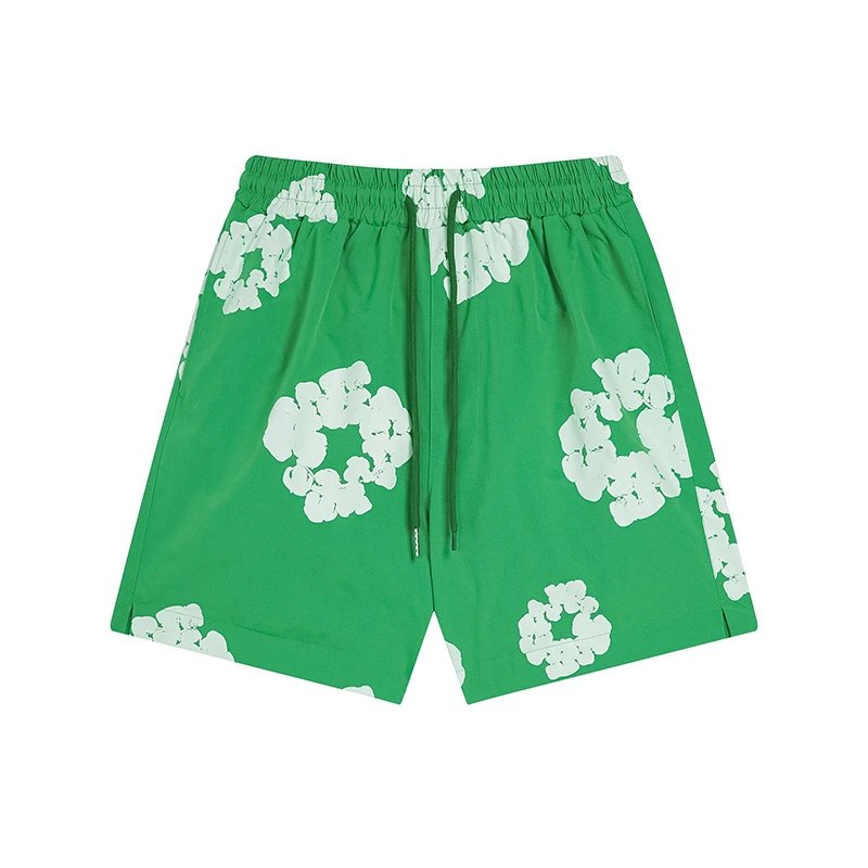 Design Floral Print Elastic Waist Shorts Green - 27
